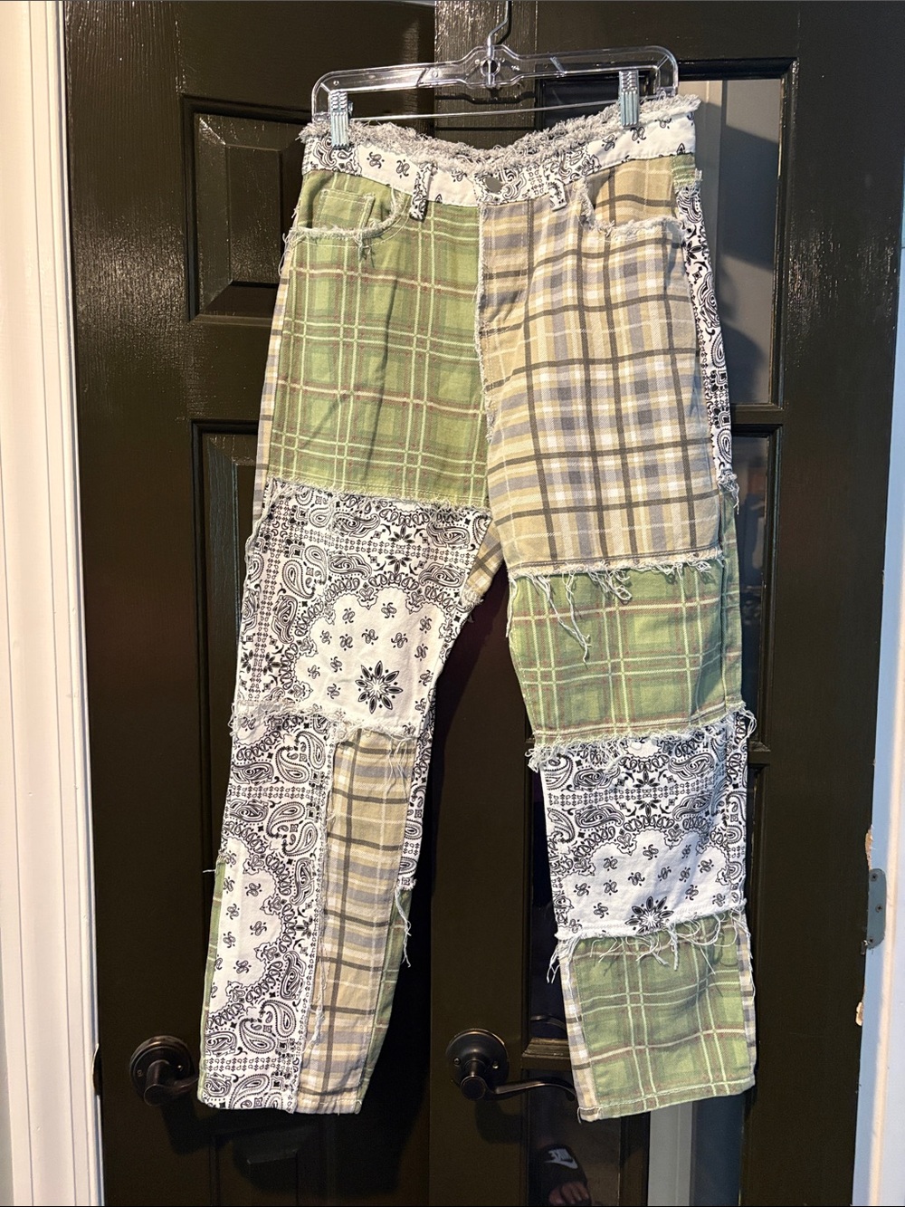 Source Unknown Green and Cream Plaid & Bandana Patchwork Pants